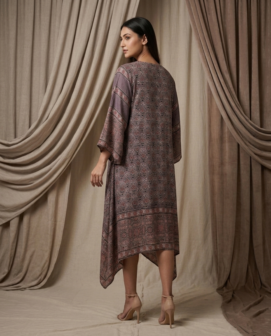 MOSAIC POINT MODAL SILK BROWN AJRAKH KURTA (HANDBLOCK)