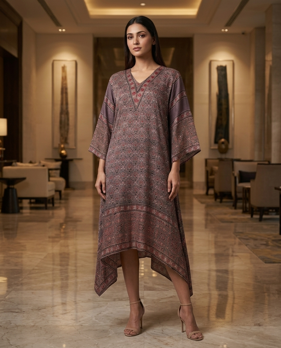 MOSAIC POINT MODAL SILK BROWN AJRAKH KURTA (HANDBLOCK)