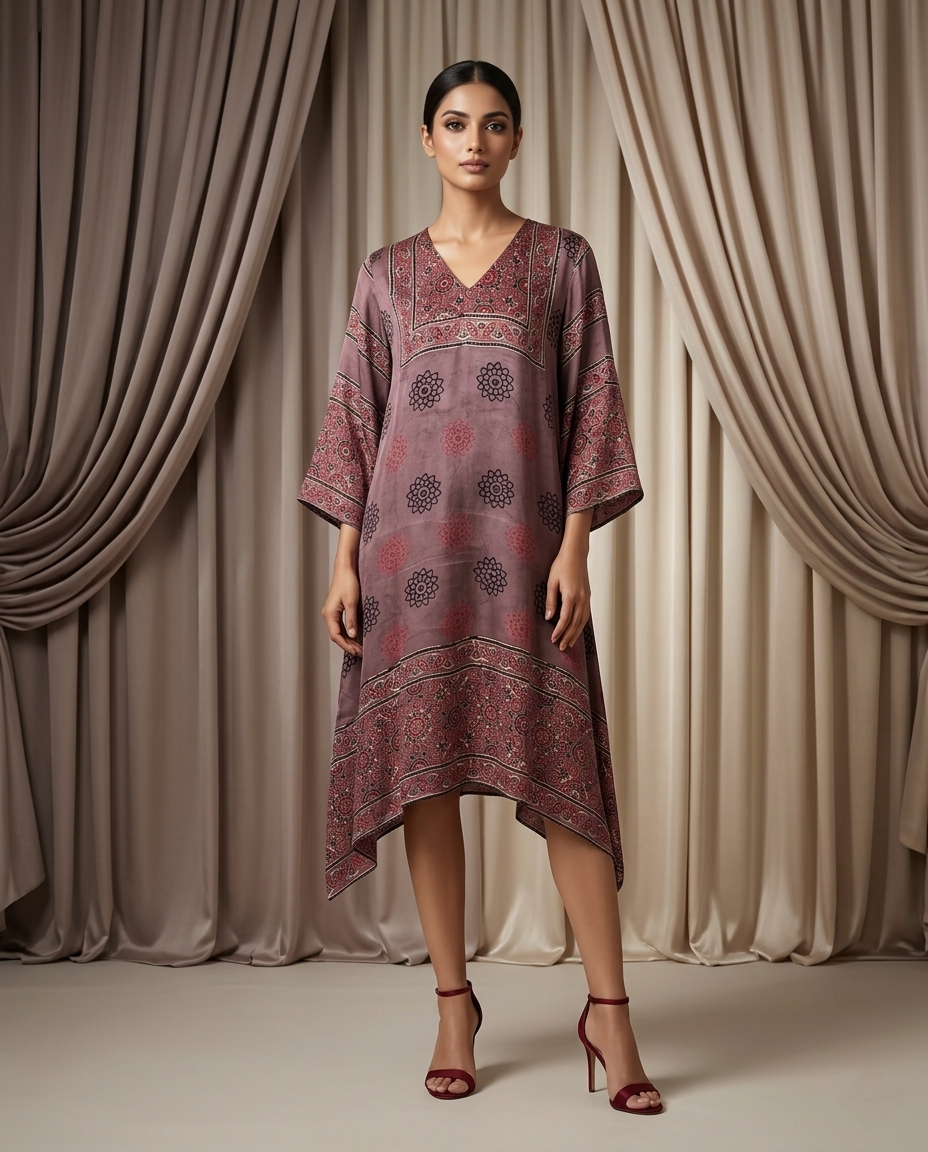 MOSAIC POINT MODAL SILK BROWN AJRAKH KURTA (HANDBLOCK)