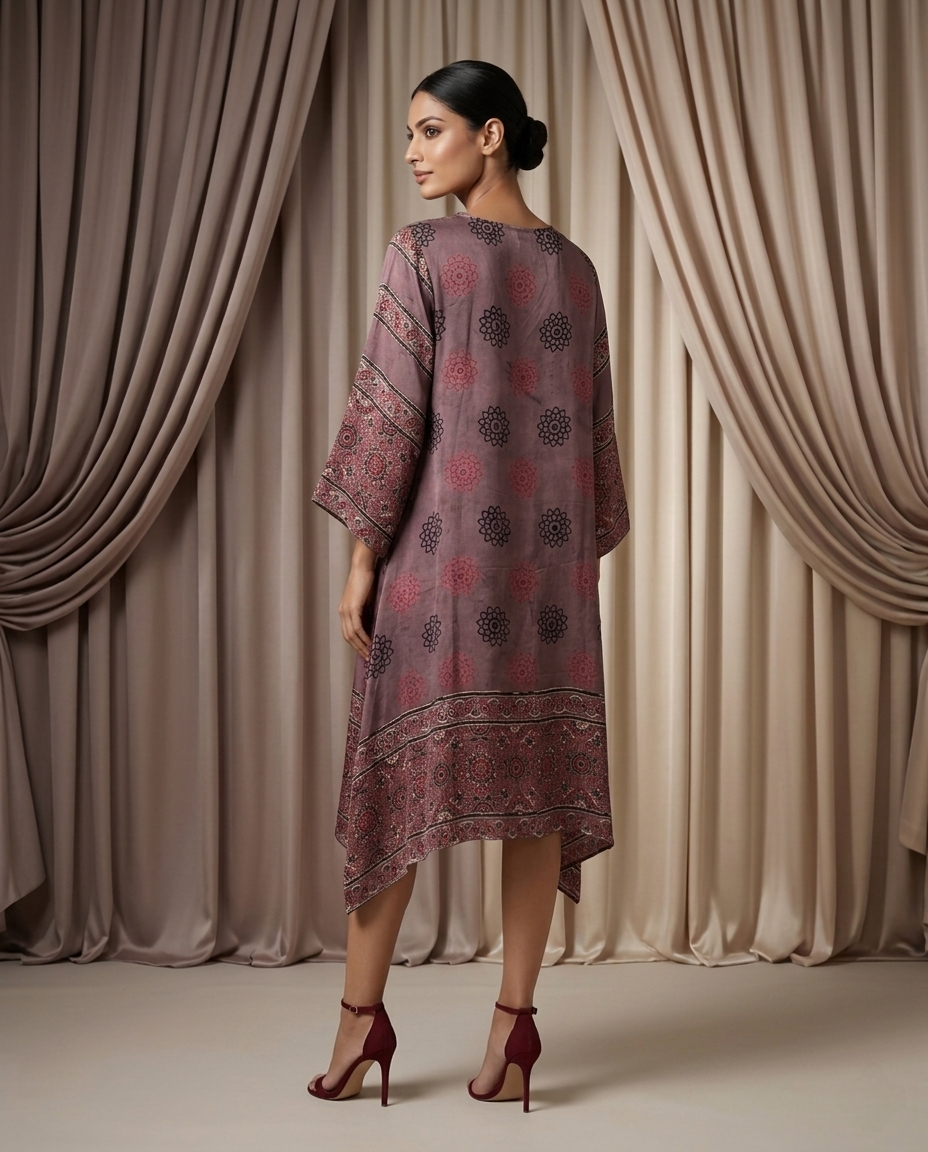 MOSAIC POINT MODAL SILK BROWN AJRAKH KURTA (HANDBLOCK)