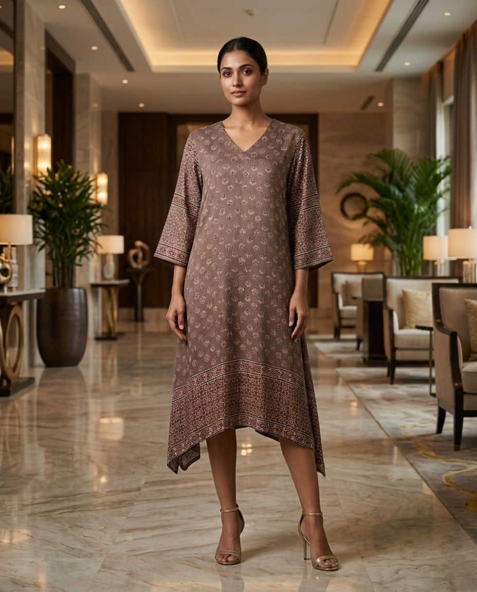 MOSAIC POINT MODAL SILK BROWN AJRAKH KURTA (HANDBLOCK)