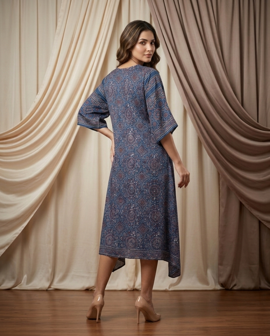 MOSAIC POINT MODAL SILK BLUE AJRAKH KURTA (HANDBLOCK)