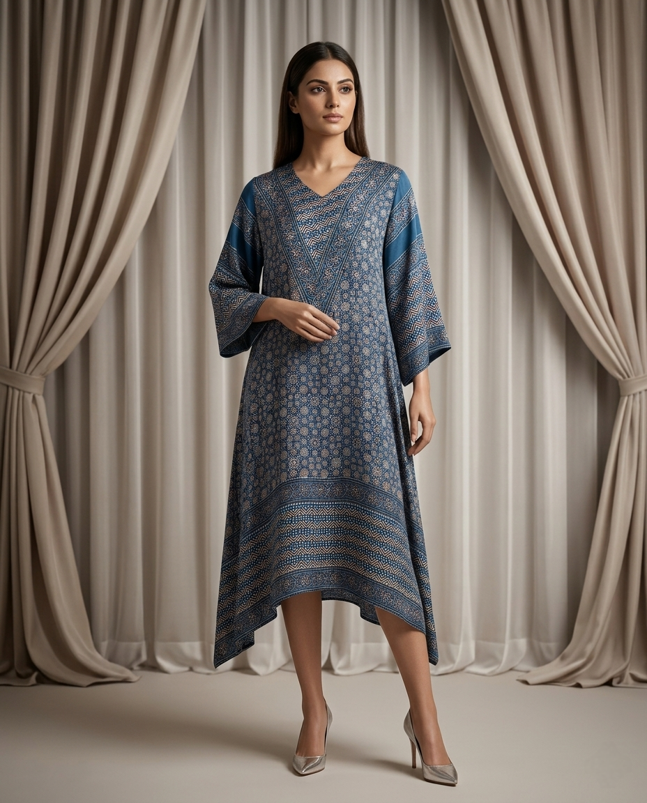 MOSAIC POINT MODAL SILK BLUE AJRAKH KURTA (HANDBLOCK)