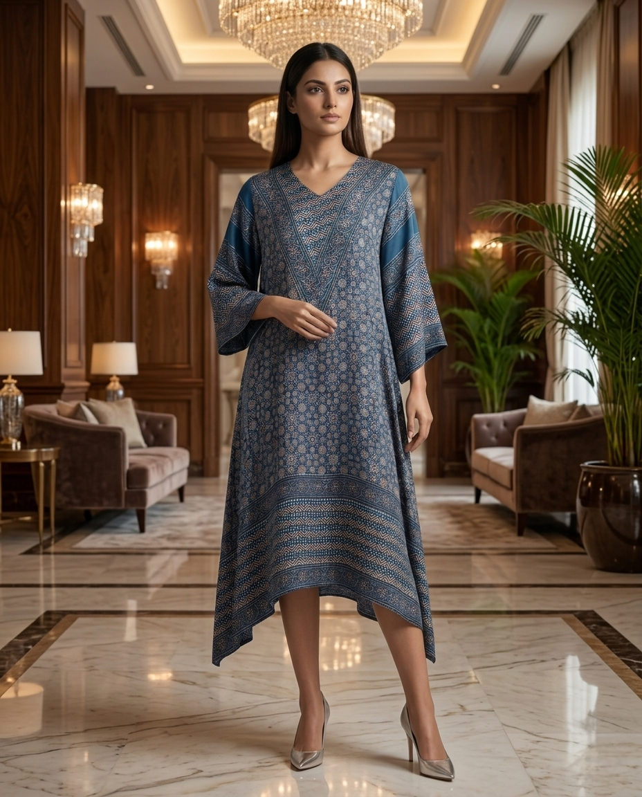 MOSAIC POINT MODAL SILK BLUE AJRAKH KURTA (HANDBLOCK)