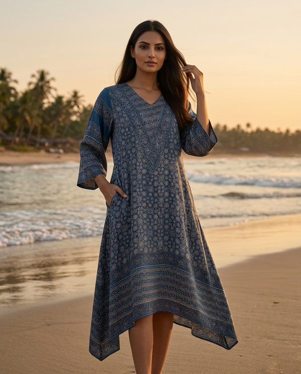 Mosaic Point Modal Silk Blue Ajrakh Dress (Handblock)