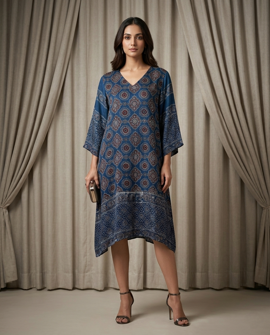 MOSAIC POINT MODAL SILK BLUE AJRAKH KURTA (HANDBLOCK)