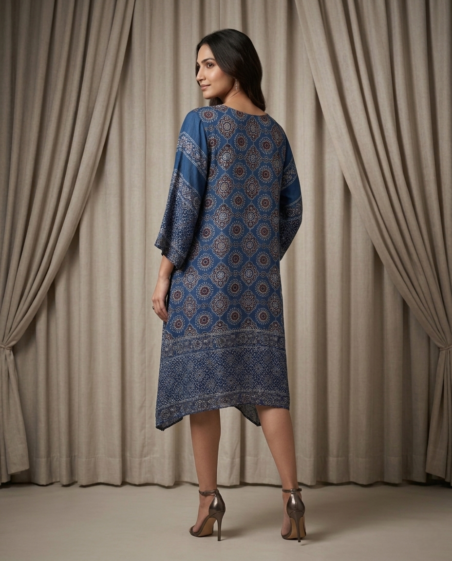 MOSAIC POINT MODAL SILK BLUE AJRAKH KURTA (HANDBLOCK)