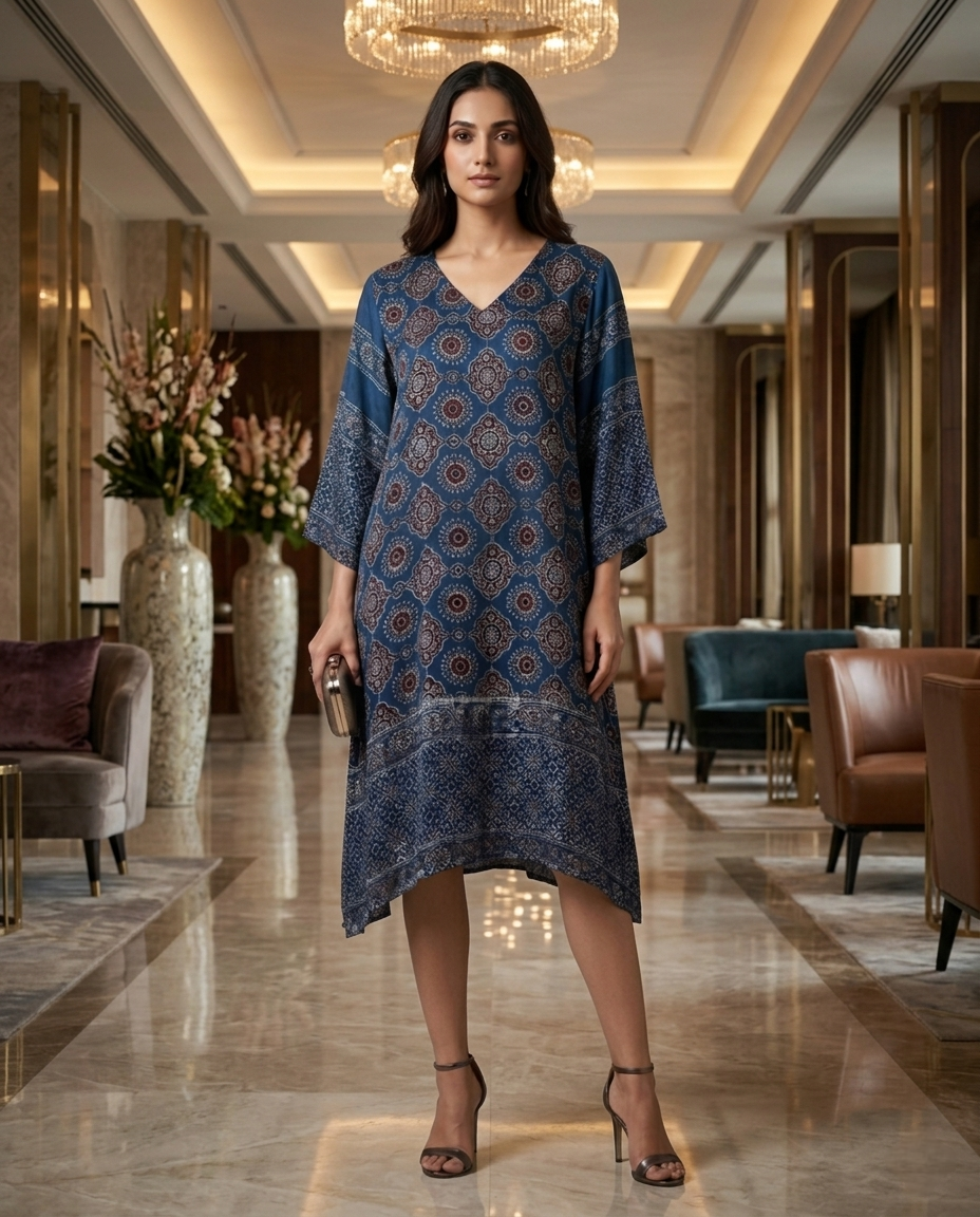 MOSAIC POINT MODAL SILK BLUE AJRAKH KURTA (HANDBLOCK)