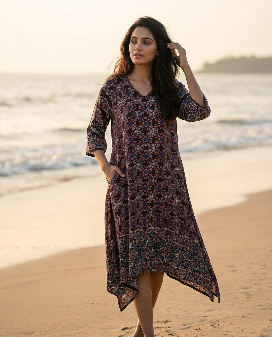 MOSAIC POINT MODAL SILK BLACK AJRAKH KURTA (HANDBLOCK)