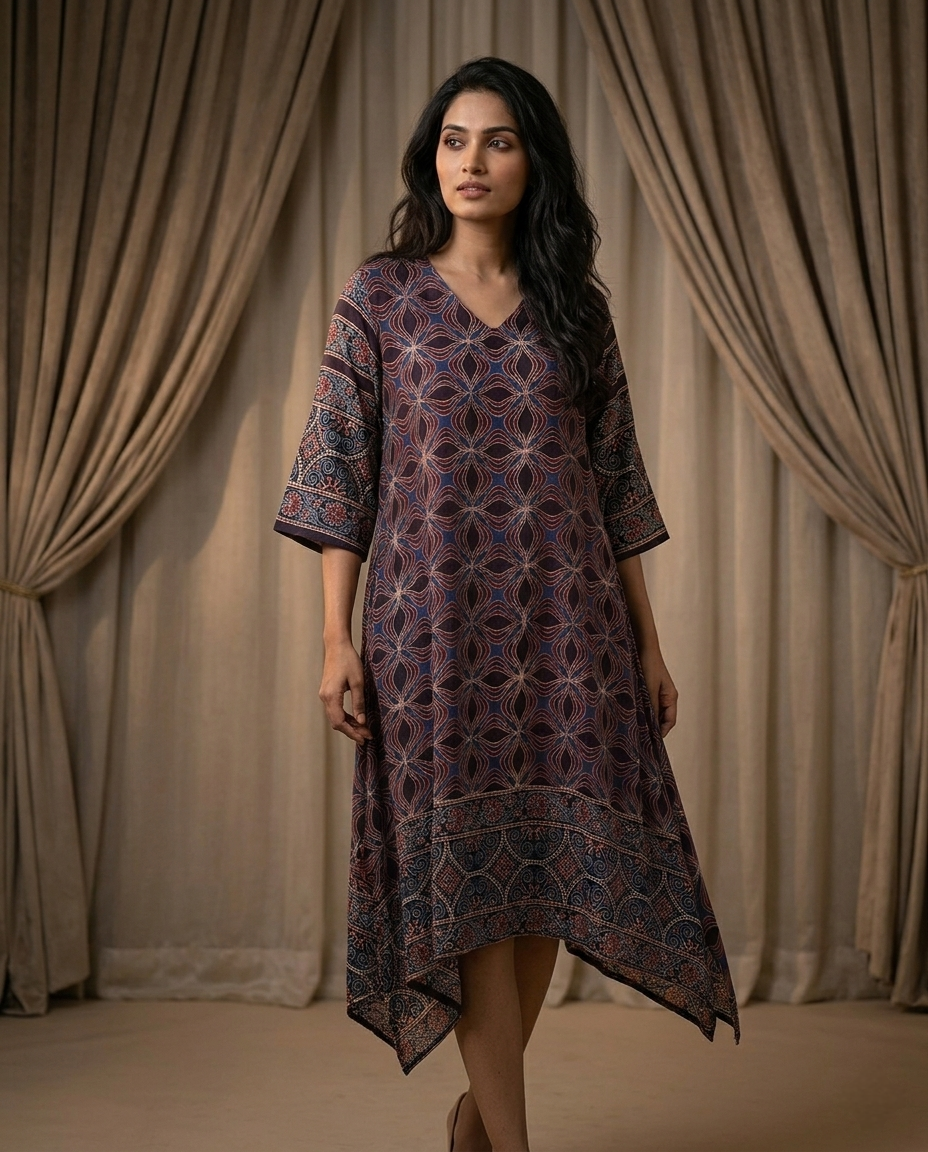 MOSAIC POINT MODAL SILK BLACK AJRAKH KURTA (HANDBLOCK)