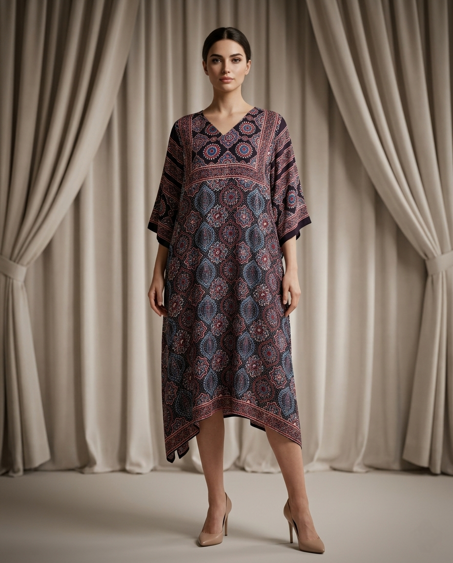 MOSAIC POINT MODAL SILK BLACK AJRAKH KURTA (HANDBLOCK)