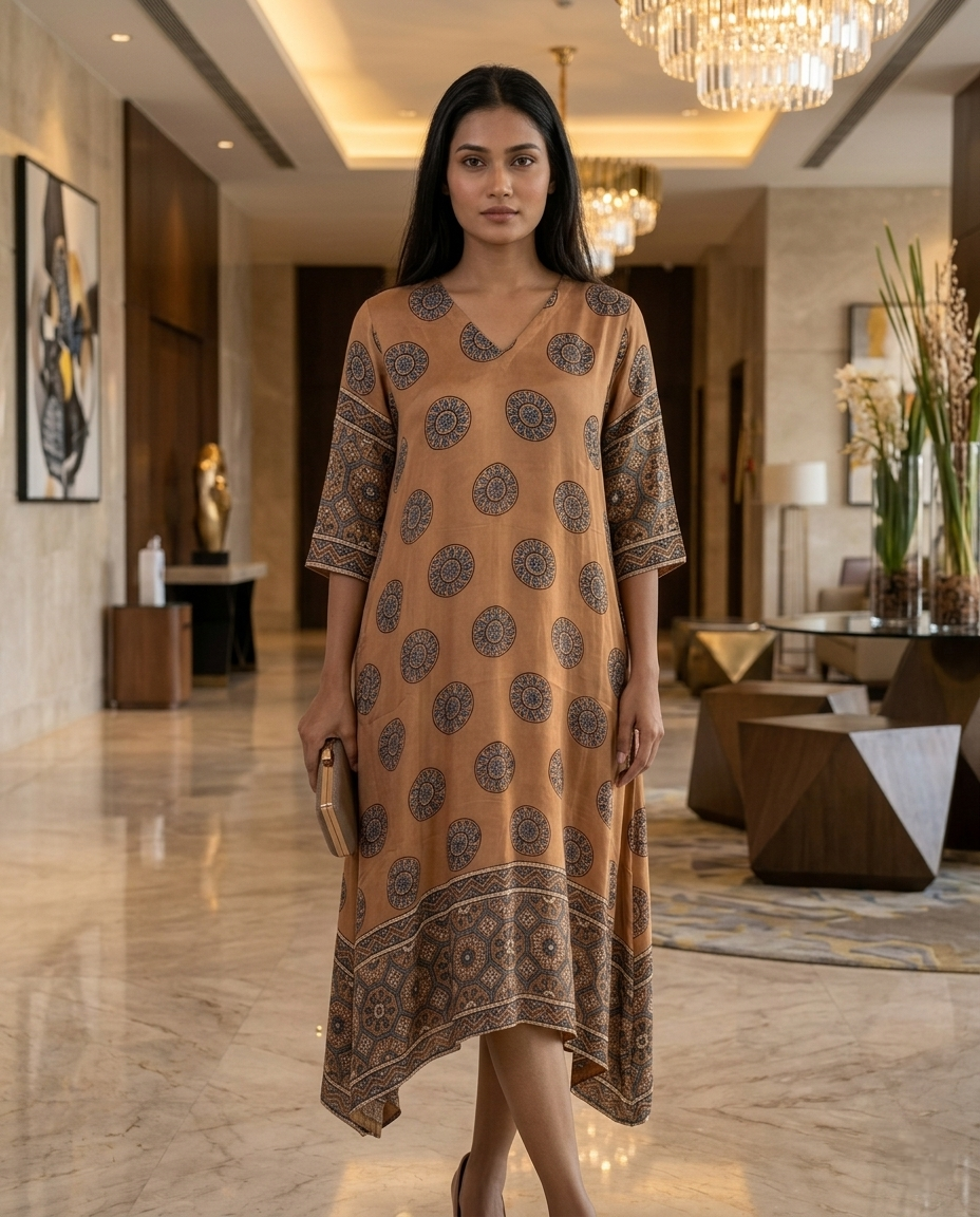 MOSAIC POINT MODAL SILK CHARCOAL GREY AJRAKH KURTA (HANDBLOCK)