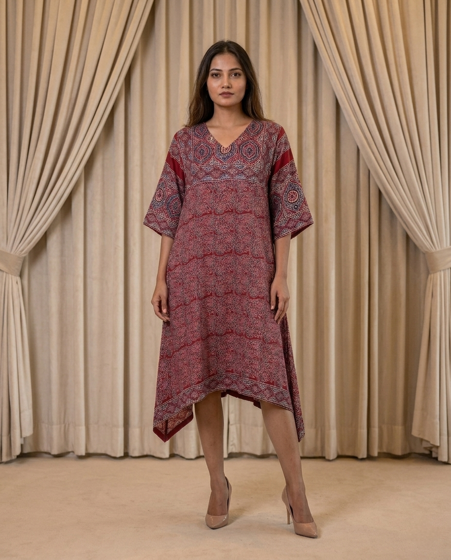 MOSAIC POINT MODAL SILK RED AJRAKH KURTA (HANDBLOCK)