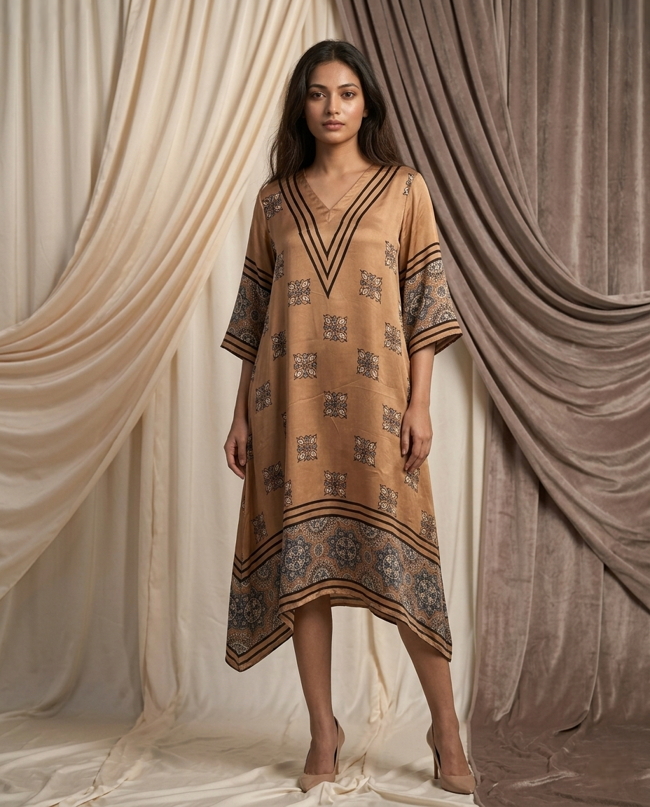 MOSAIC POINT MODAL SILK CHARCOAL GREY AJRAKH KURTA (HANDBLOCK)