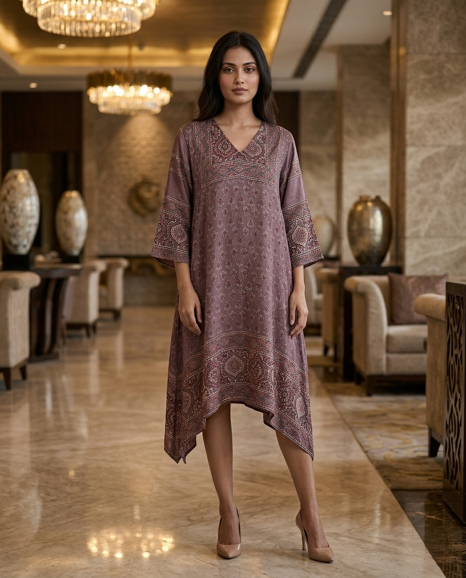 MOSAIC POINT MODAL SILK GREY AJRAKH KURTA (HANDBLOCK)