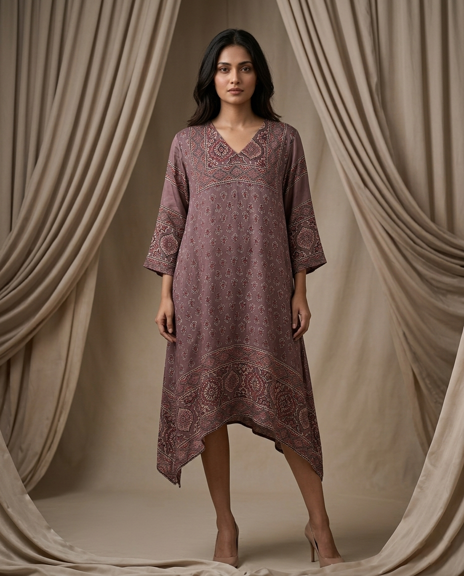 MOSAIC POINT MODAL SILK GREY AJRAKH KURTA (HANDBLOCK)