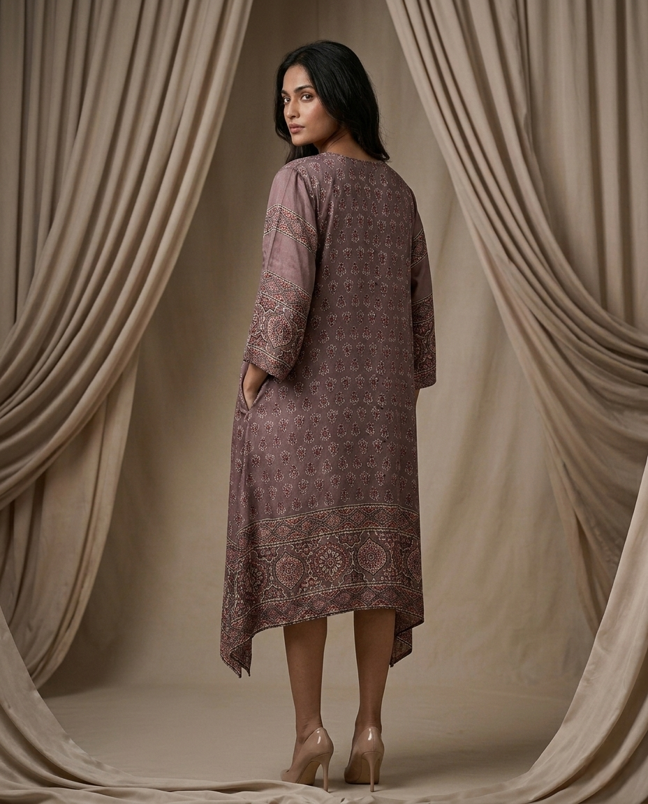 MOSAIC POINT MODAL SILK GREY AJRAKH KURTA (HANDBLOCK)