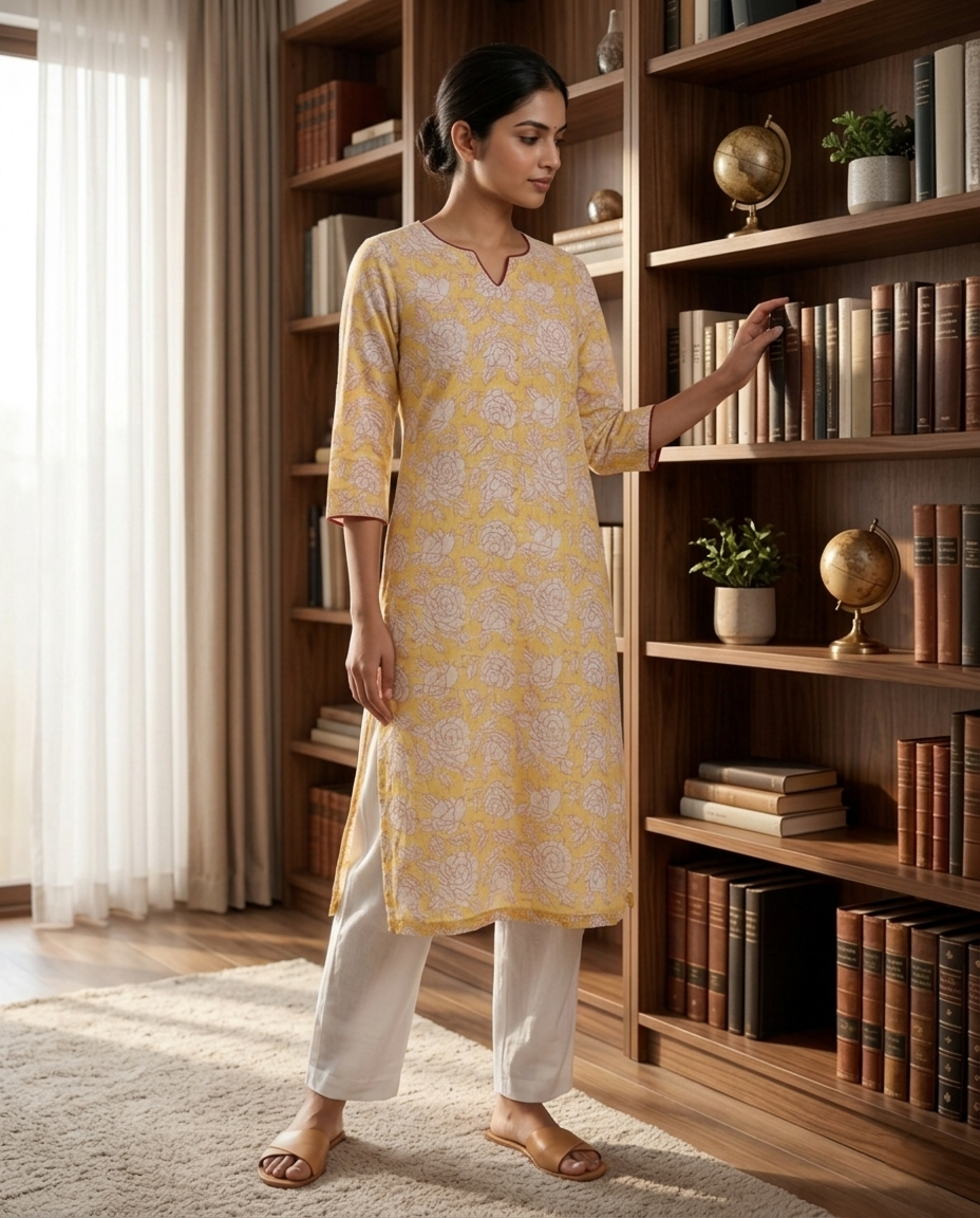 FLORAL KOTA DORIA STRAIGHT KURTA (HANDBLOCK)