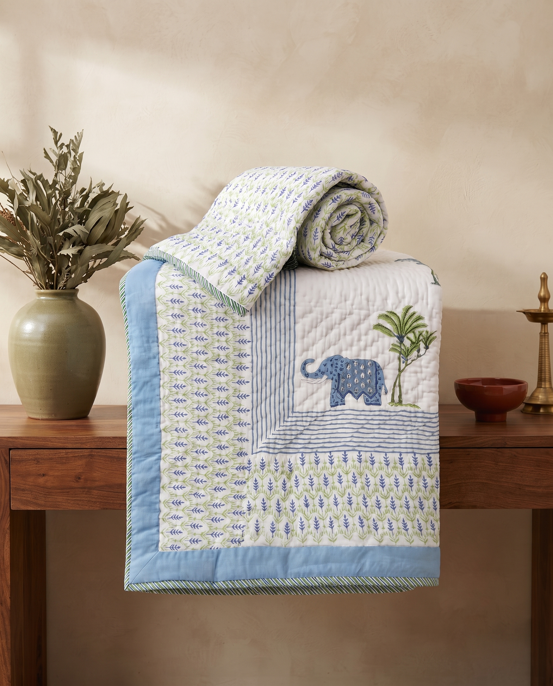 Hand Block Reversible Single Quilt Premium Cotton – Blue Elephant Floral