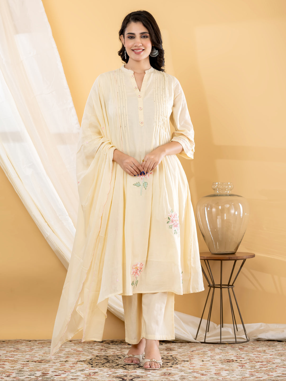 Aabha Floral Embroidered 3Pc Set – Ivory Cream