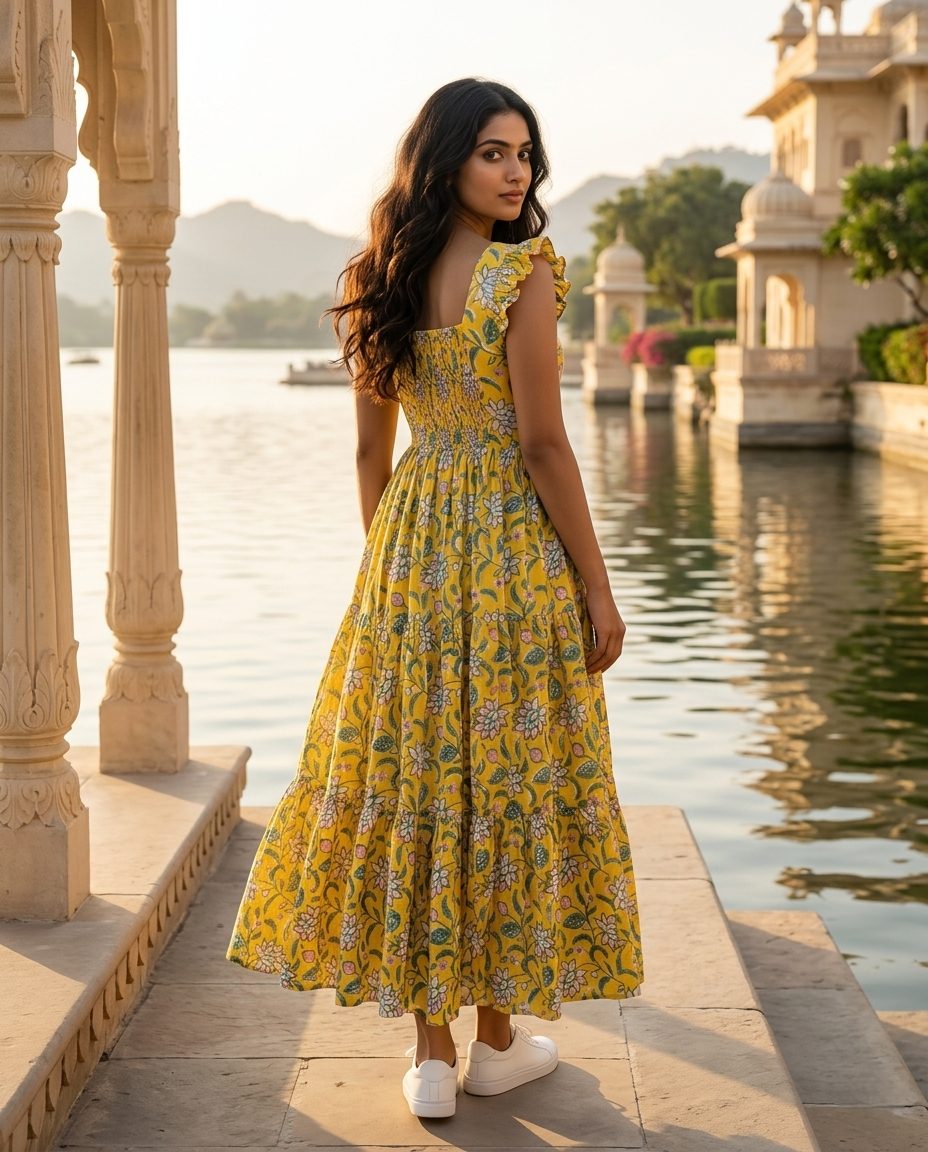 FRILL FLARE COTTON YELLOW DRESS (HANDBLOCK)