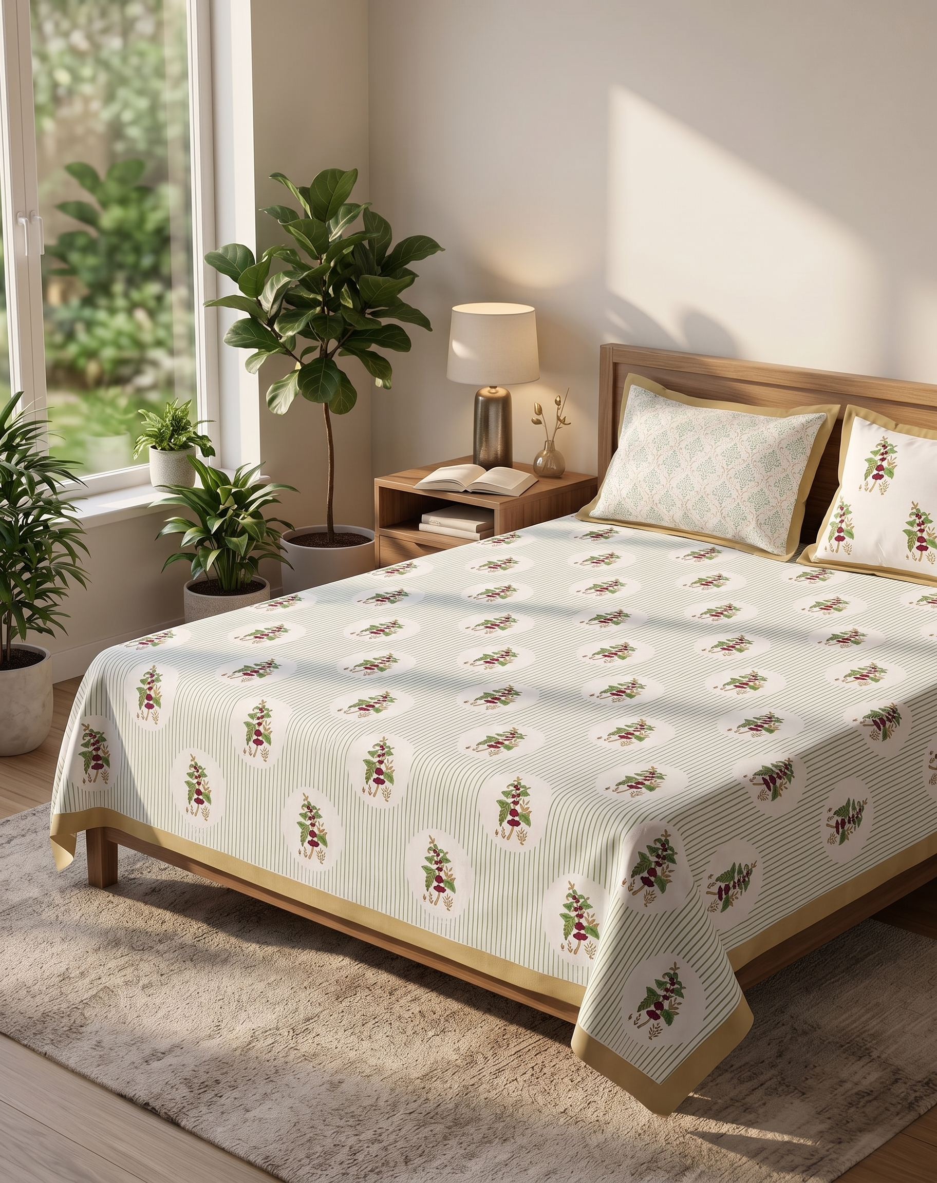Hand Block Thick Cotton 90*108 Bedsheet – White Green & Maroon Floral