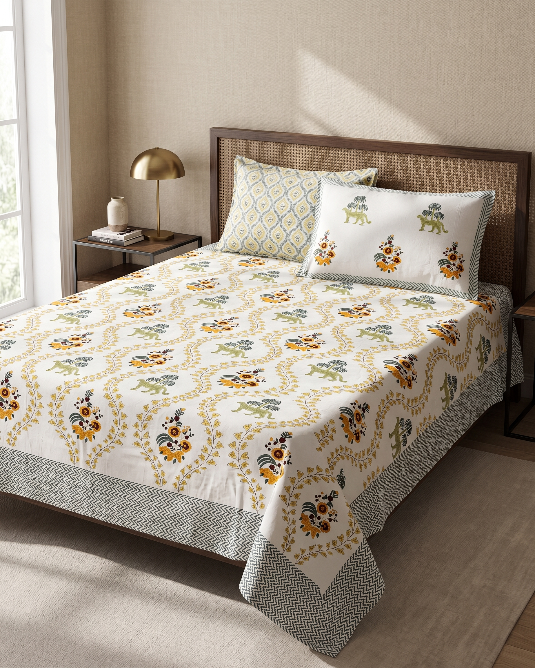 Hand Block Thick Cotton 90*108 Bedsheet – Olive Safari & Mustard Floral