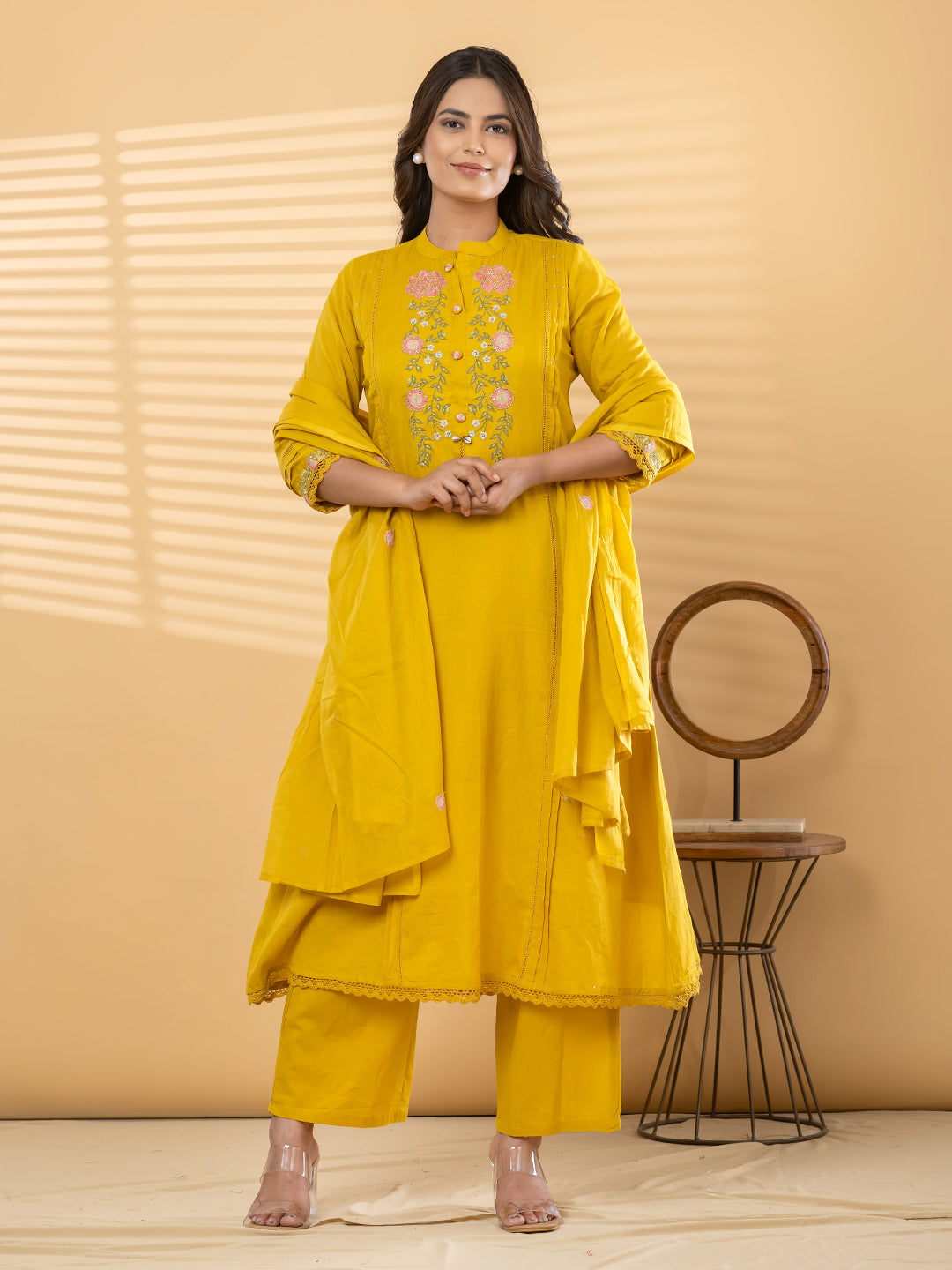 ZIVA FLORAL EMBROIDERED 3PC SET - MUSTARD YELLOW