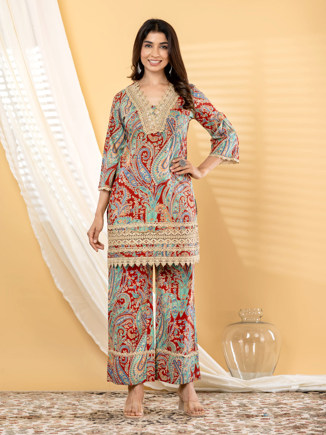 Zaria Paisley Lace Kurta Pant Set – Rust Azure