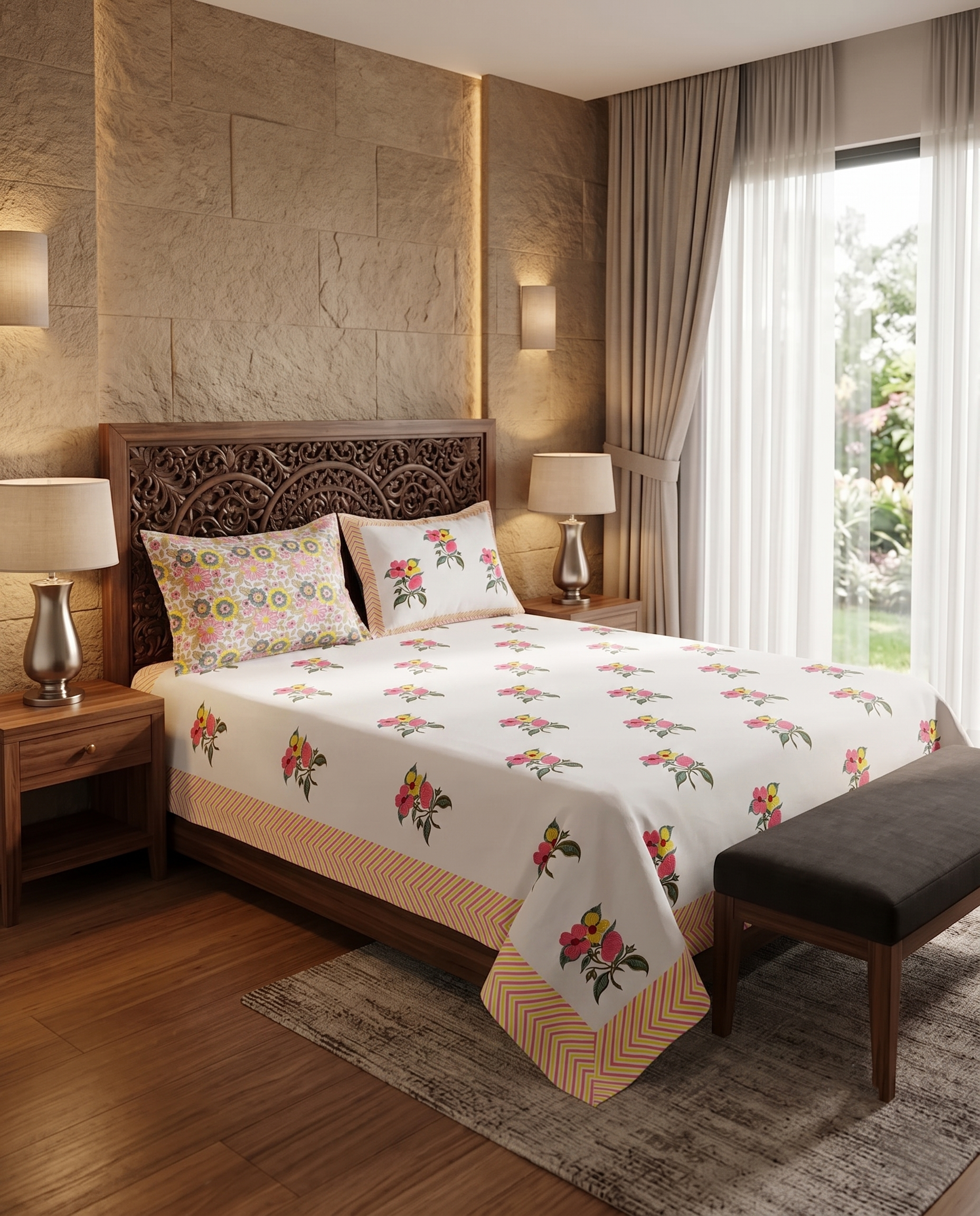 Hand Block Thick Cotton Bedsheet – Ivory Pink & Yellow Floral