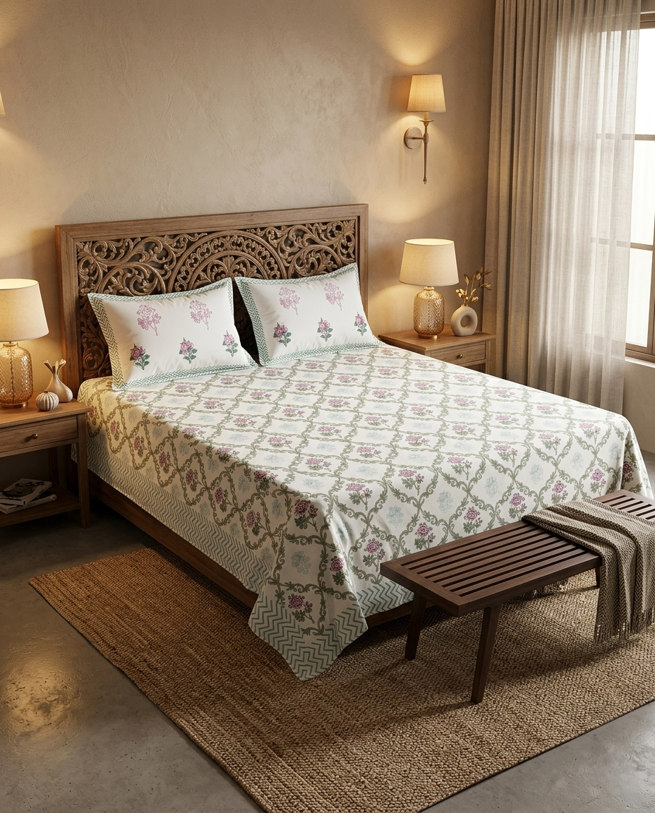 OPAL FERN ELEGANCE HAND BLOCK BEDSHEET PREMIUM COTTON