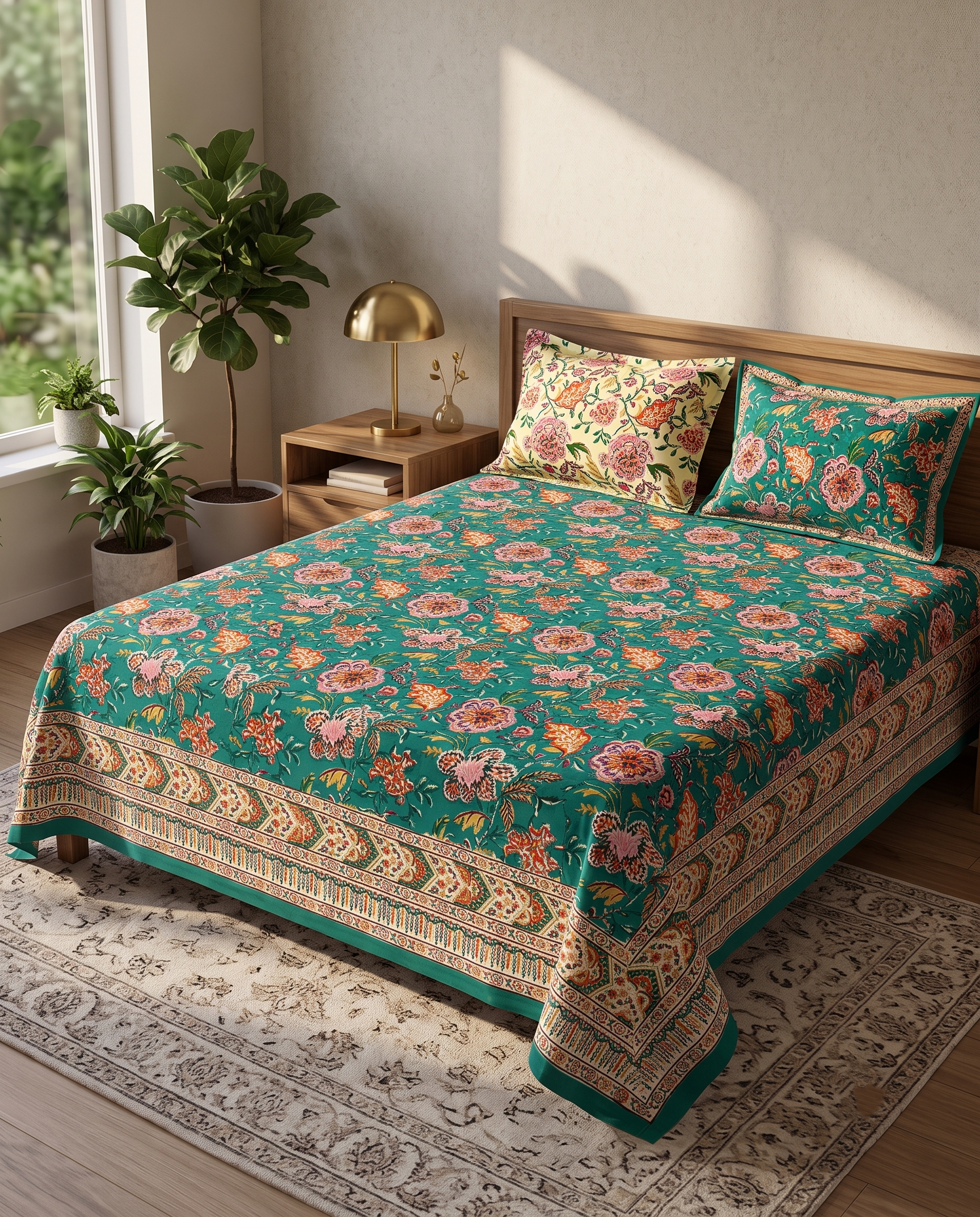 Hand Block Thick Cotton Bedsheet – Emerald Teal Floral