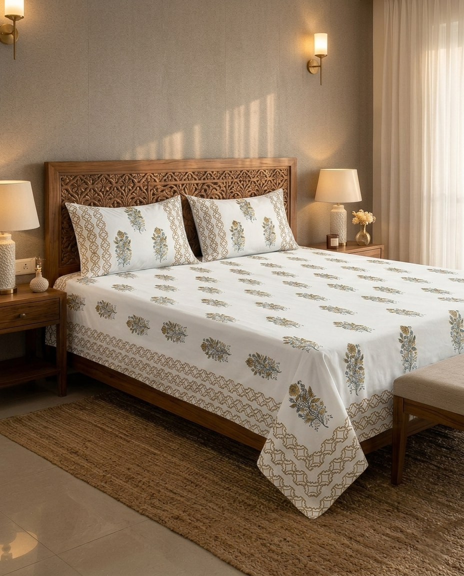 FLORAL BUTA HAND BLOCK BEDSHEET PREMIUM COTTON