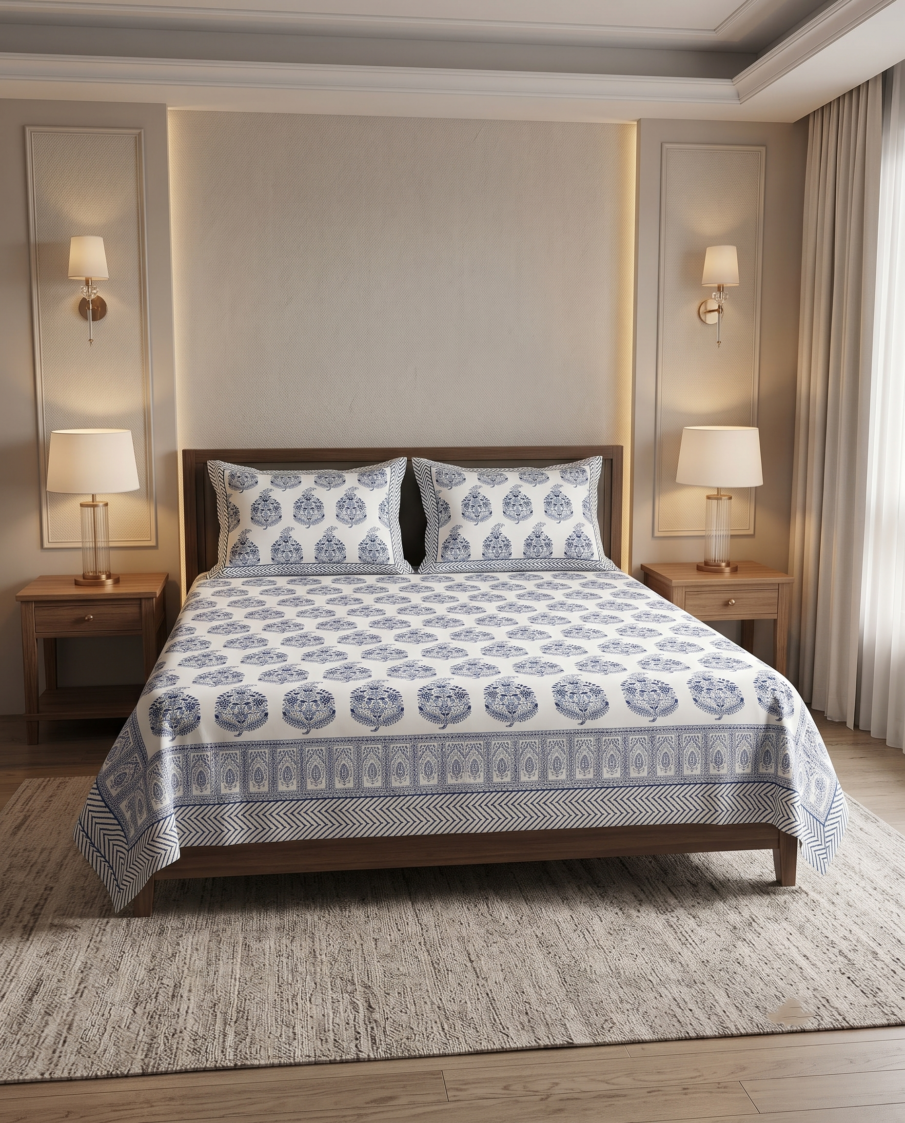 Hand Block Thick Cotton 90*108 Bedsheet – Indigo Blue & Charcoal Floral