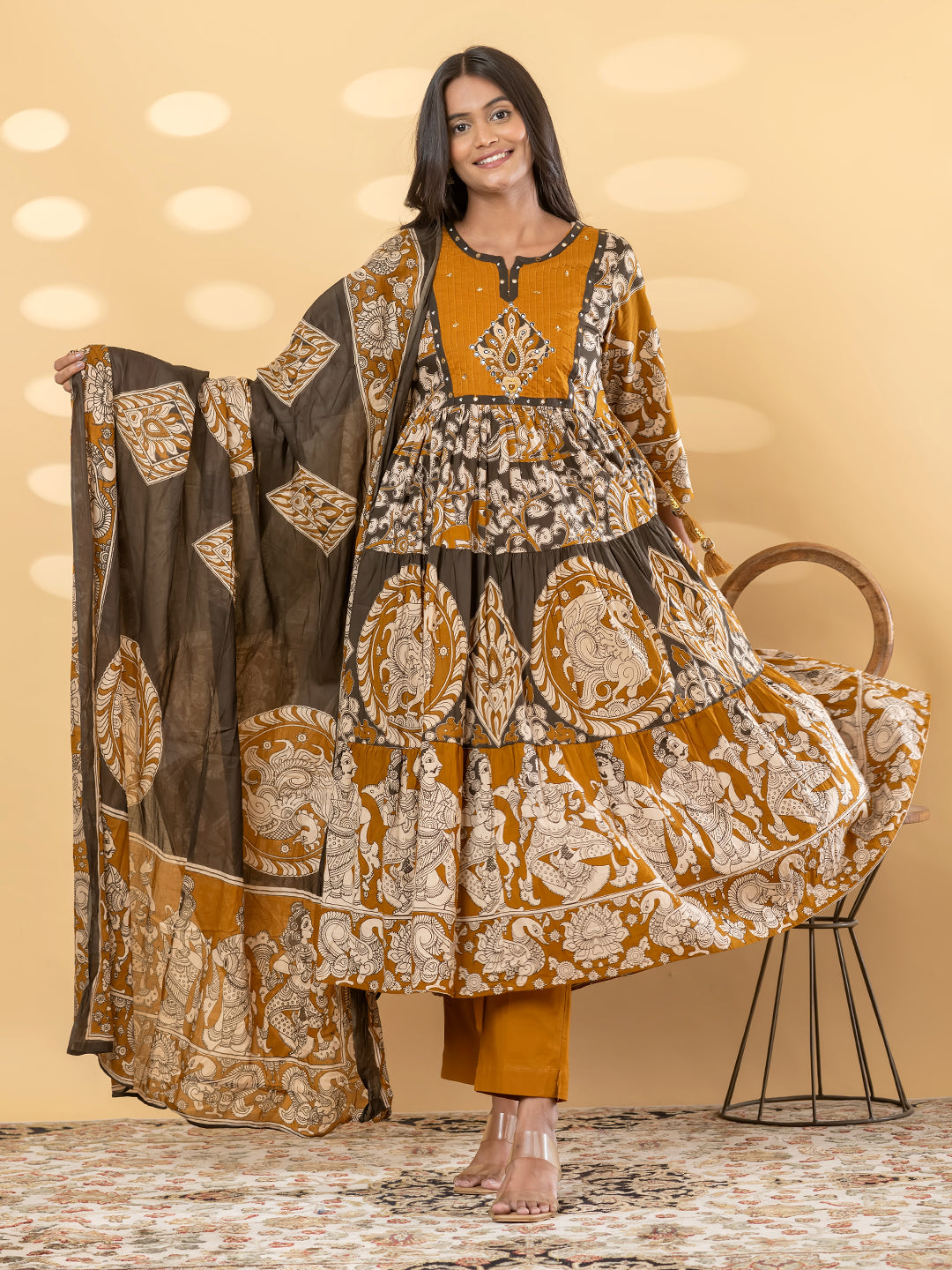 Vrinda Kalamkari 3Pc Set – Cocoa Brown