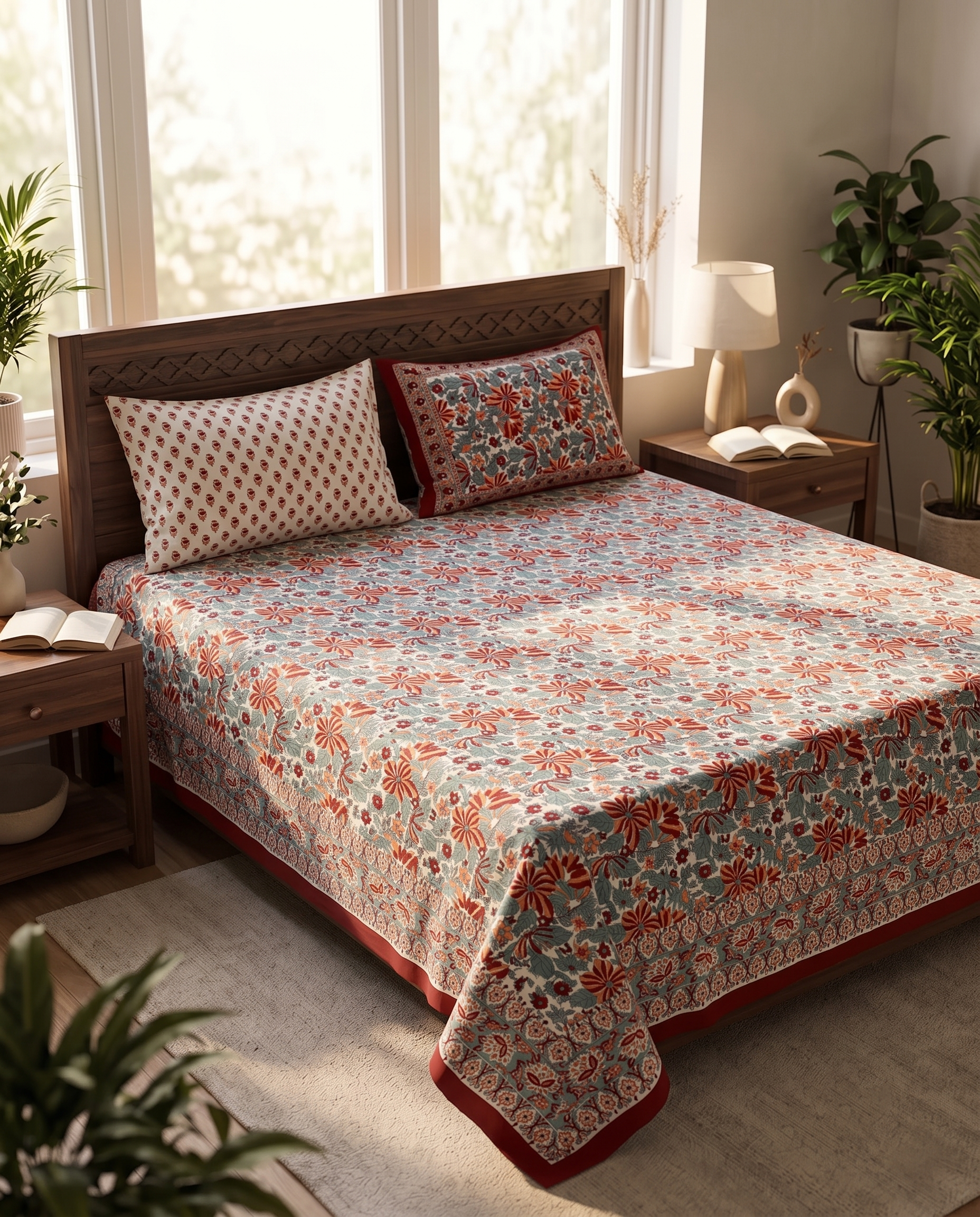 Hand Block Thick Cotton 90*108 Bedsheet – Rust Red Floral Garden
