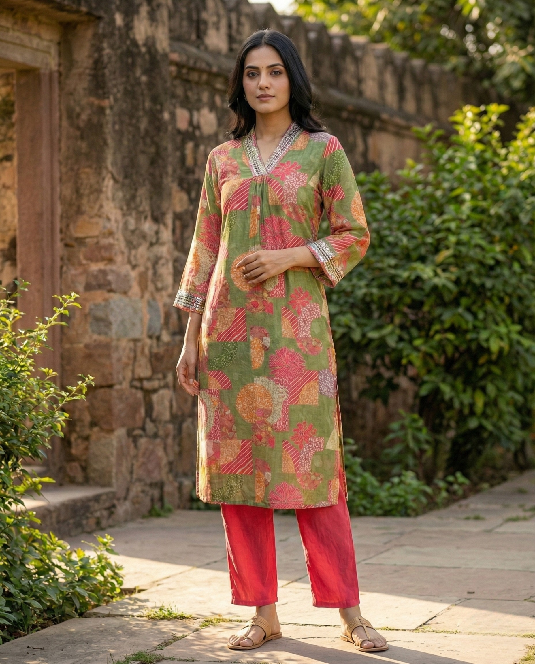 Abstract Green Pink Floral Muslin KP set