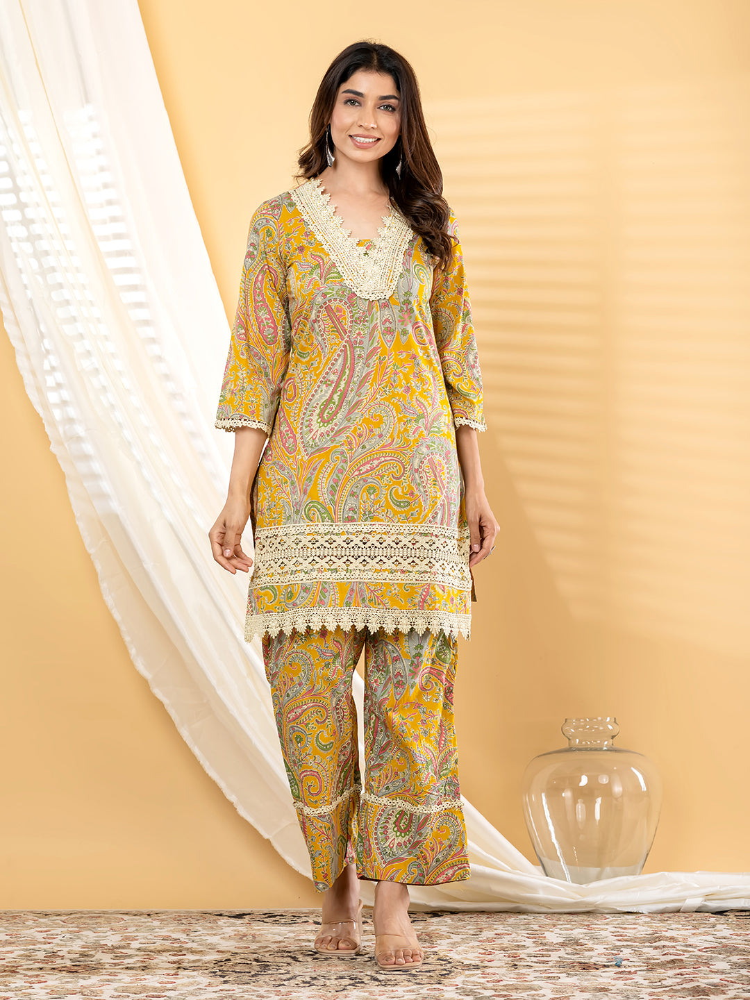 Zaria Paisley Lace Kurta Pant Set – Sunlit Mustard