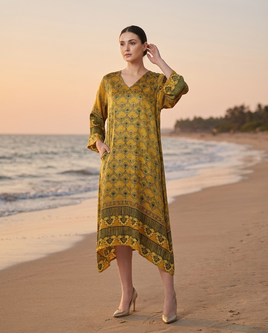 MOSAIC POINT MODAL SILK LIGHT YELLOW AJRAKH KURTA (HANDBLOCK)