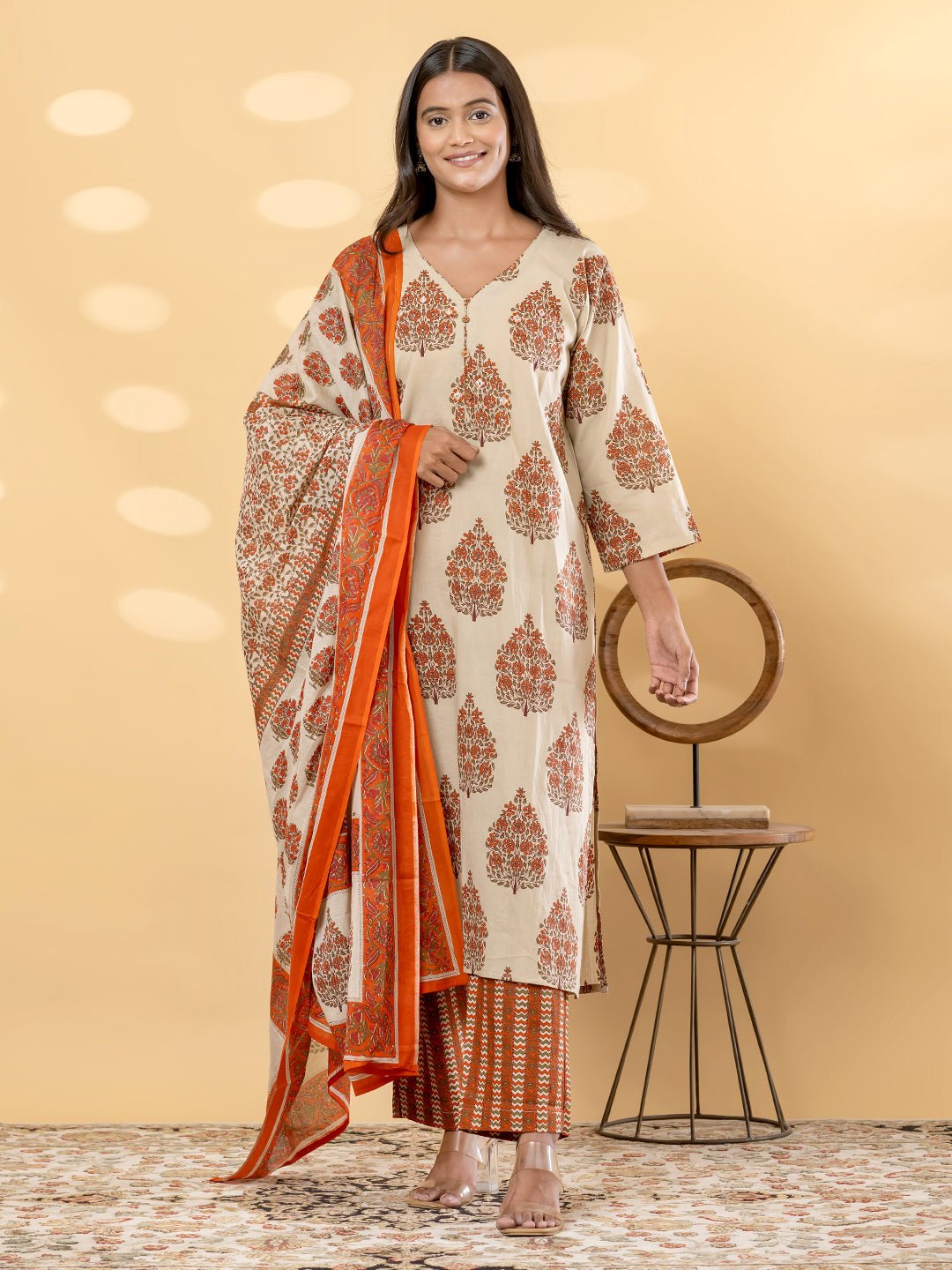 AVYARA BOTANICAL PRINTED 3PC SET - IVORY ORANGE