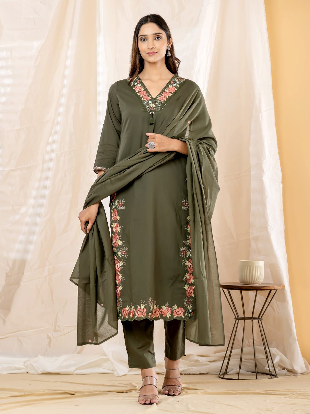 Gulrose Embroidered 3Pc Set β Olive Green