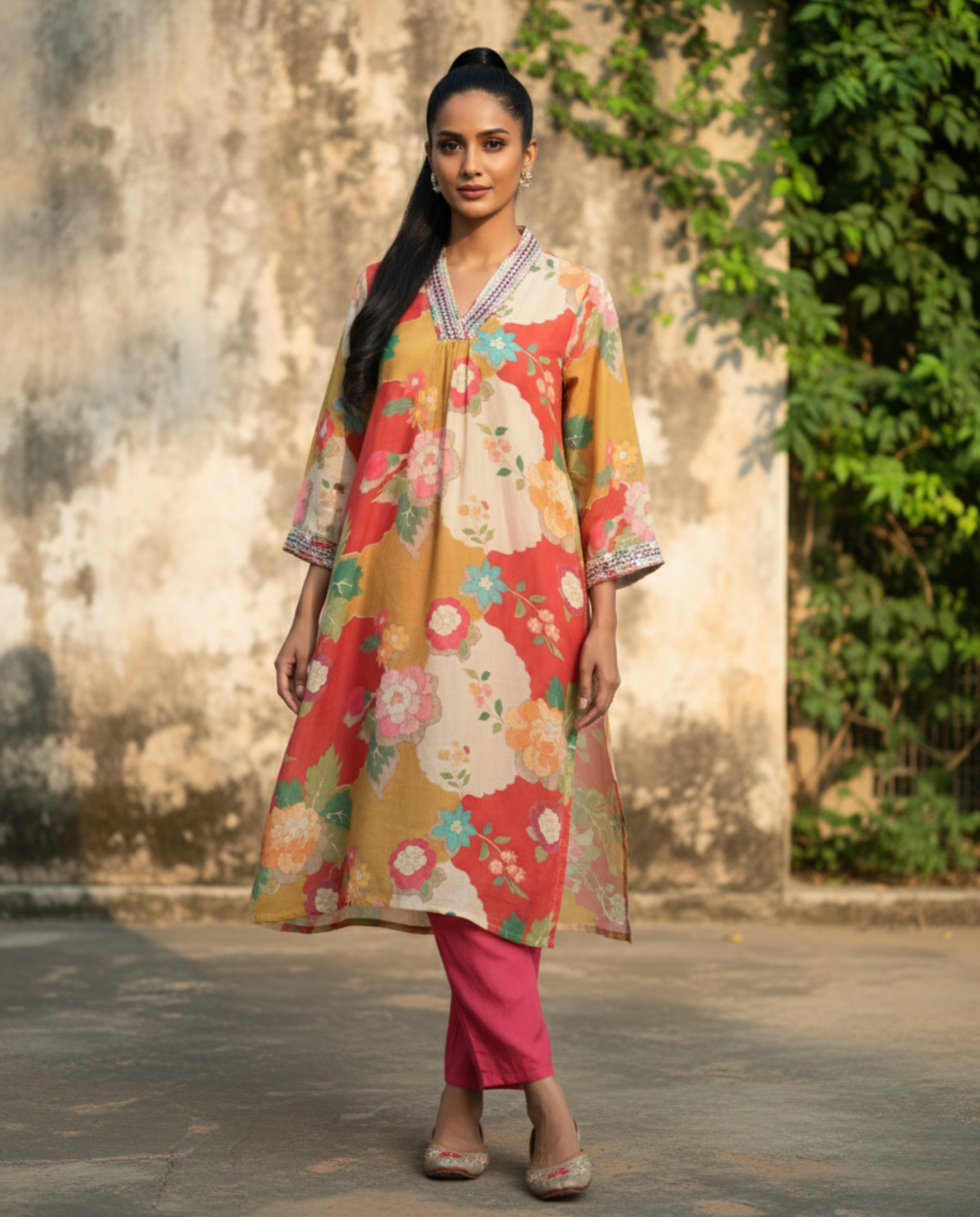 Abstract Mustard coral Floral Muslin KP set