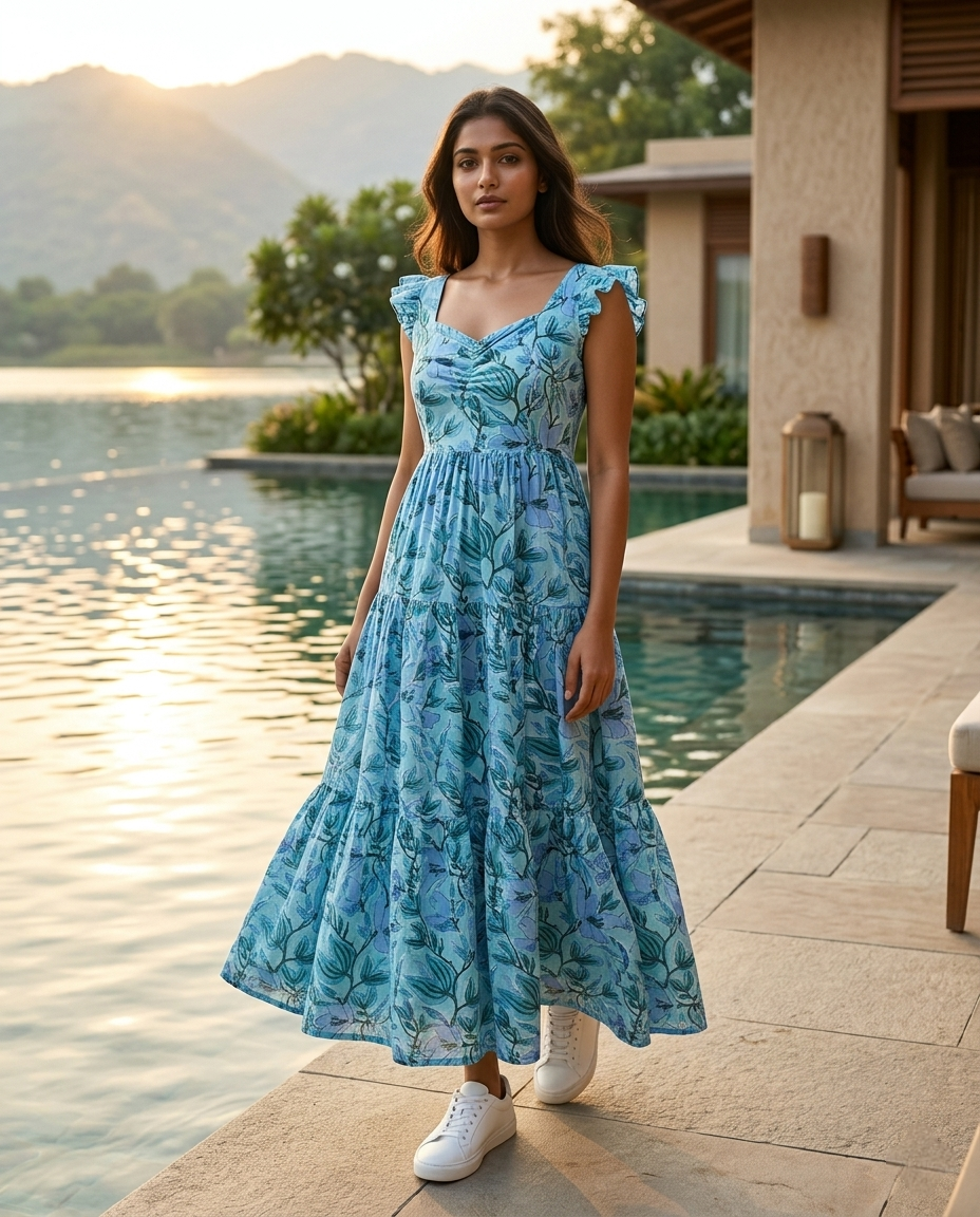 FRILL FLARE COTTON SKY BLUE DRESS (HANDBLOCK)