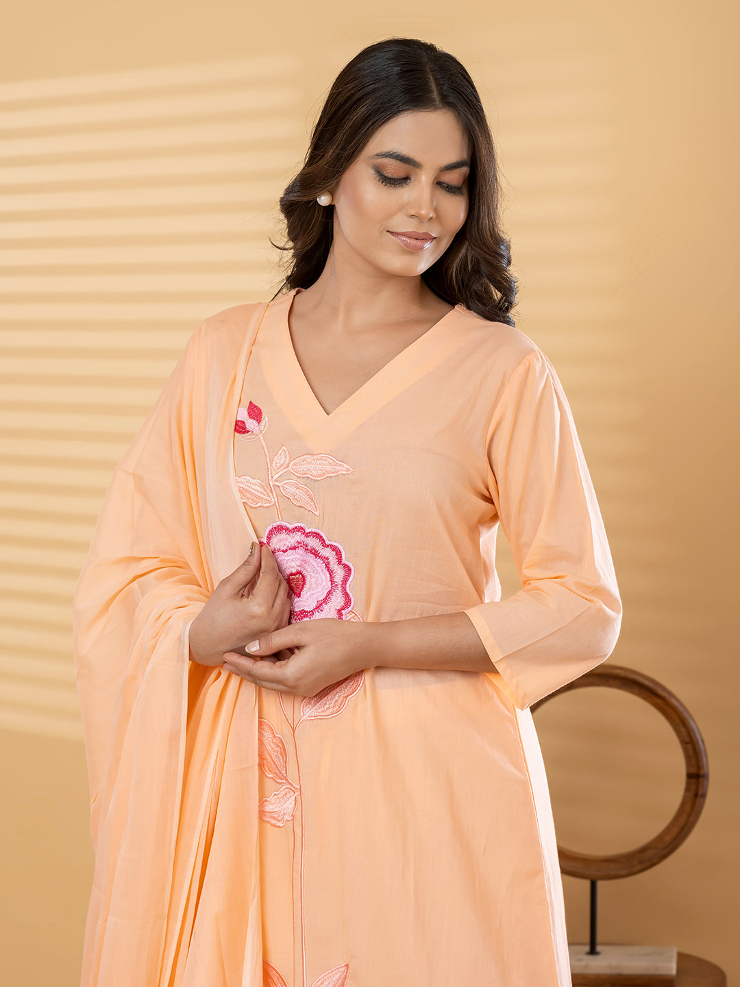 ELARA FLORAL EMBROIDERED 3PC SET - PEACH