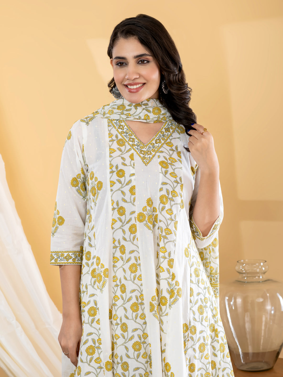 VEDIKA FLORAL PRINTED 3PC SET - WHITE MUSTARD