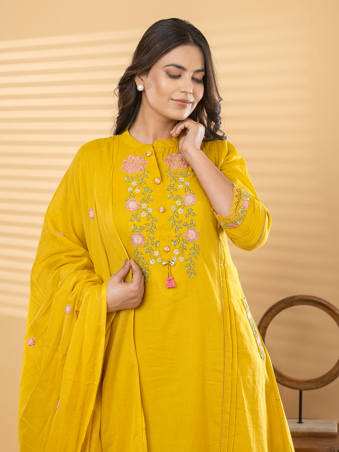 ZIVA FLORAL EMBROIDERED 3PC SET - MUSTARD YELLOW