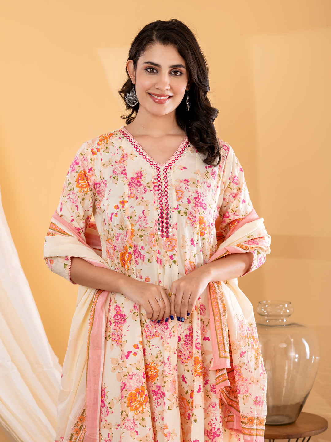 ESHANI BLOOM PRINTED 3PC SET - PEACH IVORY