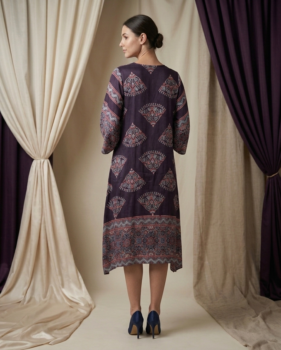MOSAIC POINT MODAL SILK BLACK AJRAKH KURTA (HANDBLOCK)