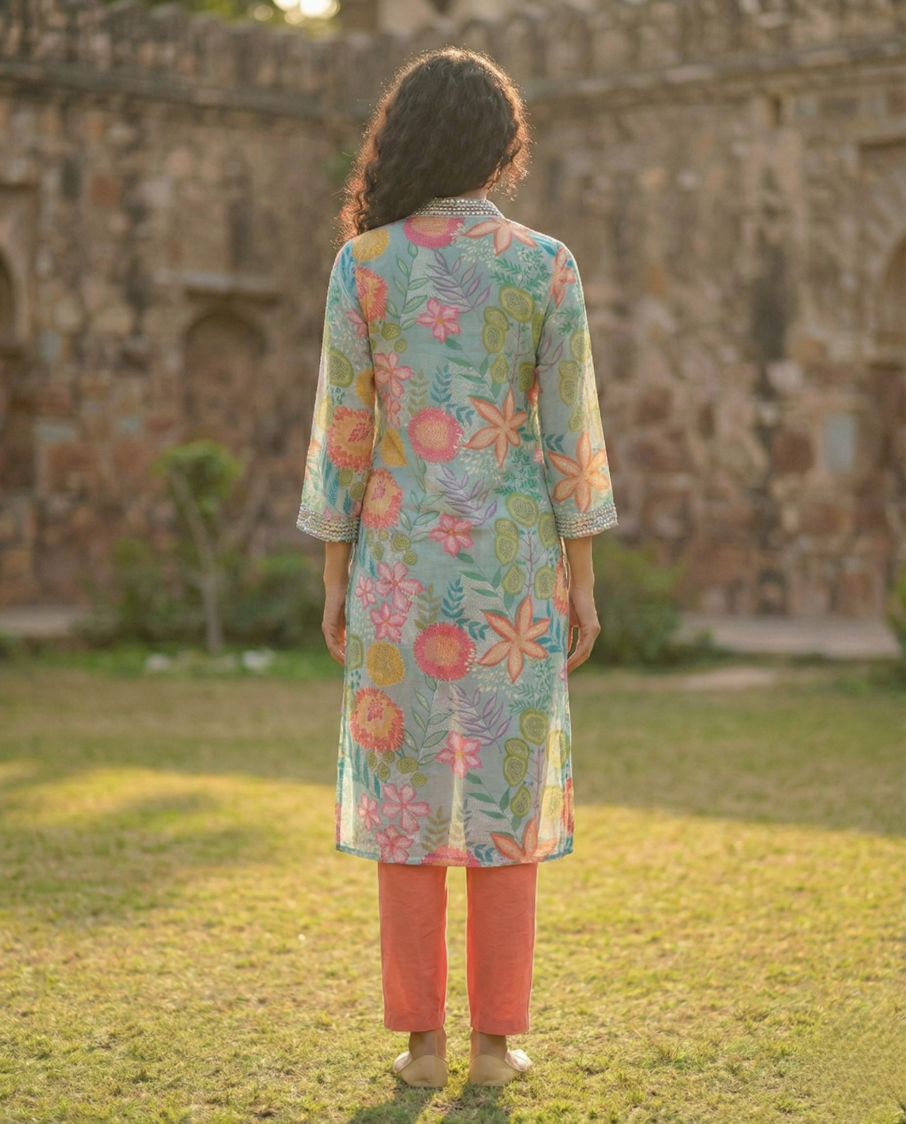Abstract Blue Orange Floral Muslin KP set