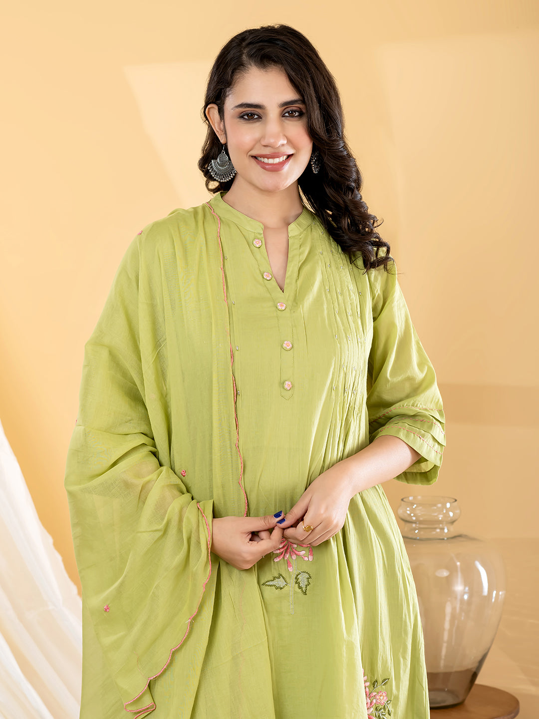 Aabha Floral Embroidered 3Pc Set – Pistachio Green